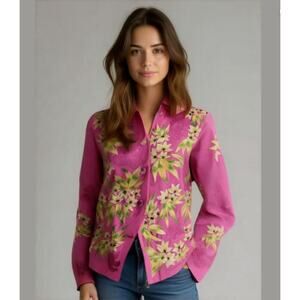 Anage Vintage 90s Pink Silk Embroidered Glitter Floral Lined Blouse Jacket S